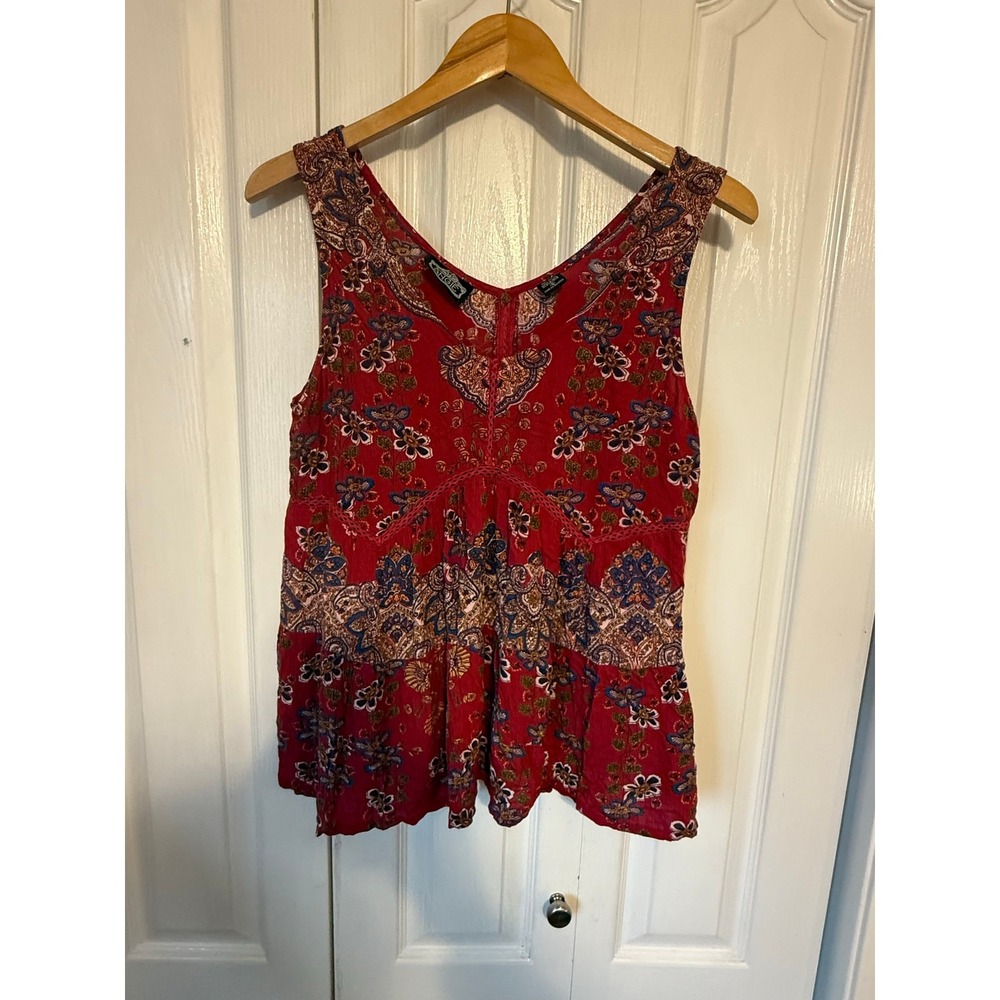 Angie Floral Paisley Boho Tiered Tank Top Women Small Red Crochet Lace V-Neck - Picture 2 of 8